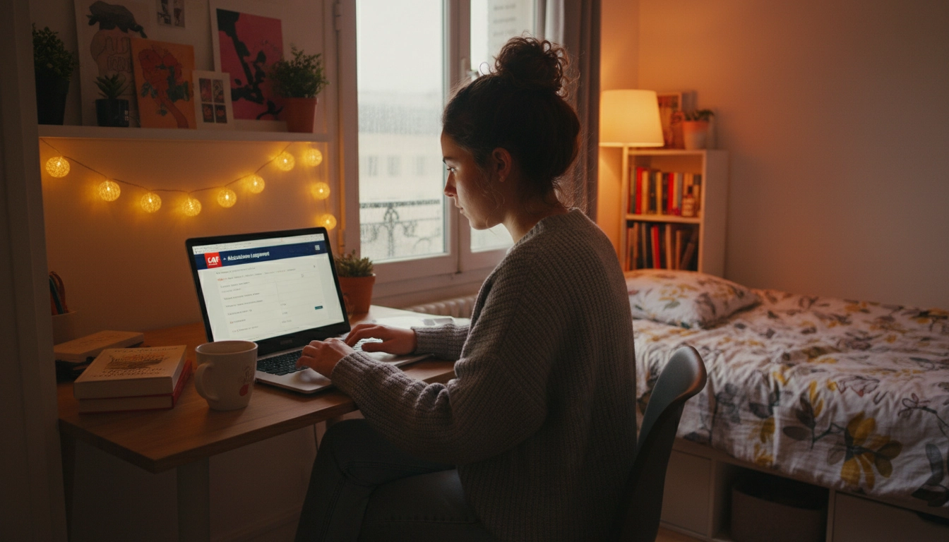 Étudiant faisant sa demande d'APL en ligne sur le site de la CAF depuis son appartement