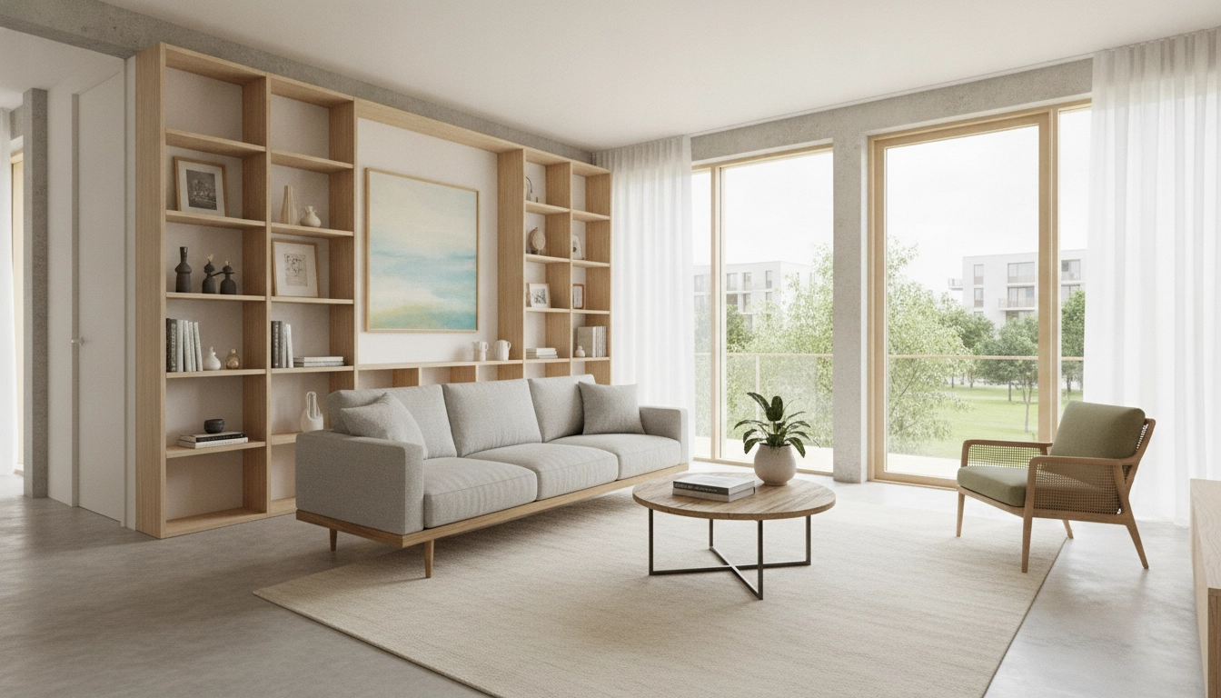 Intérieur lumineux d'un appartement bénéficiant de l'aide au logement logement social HLM