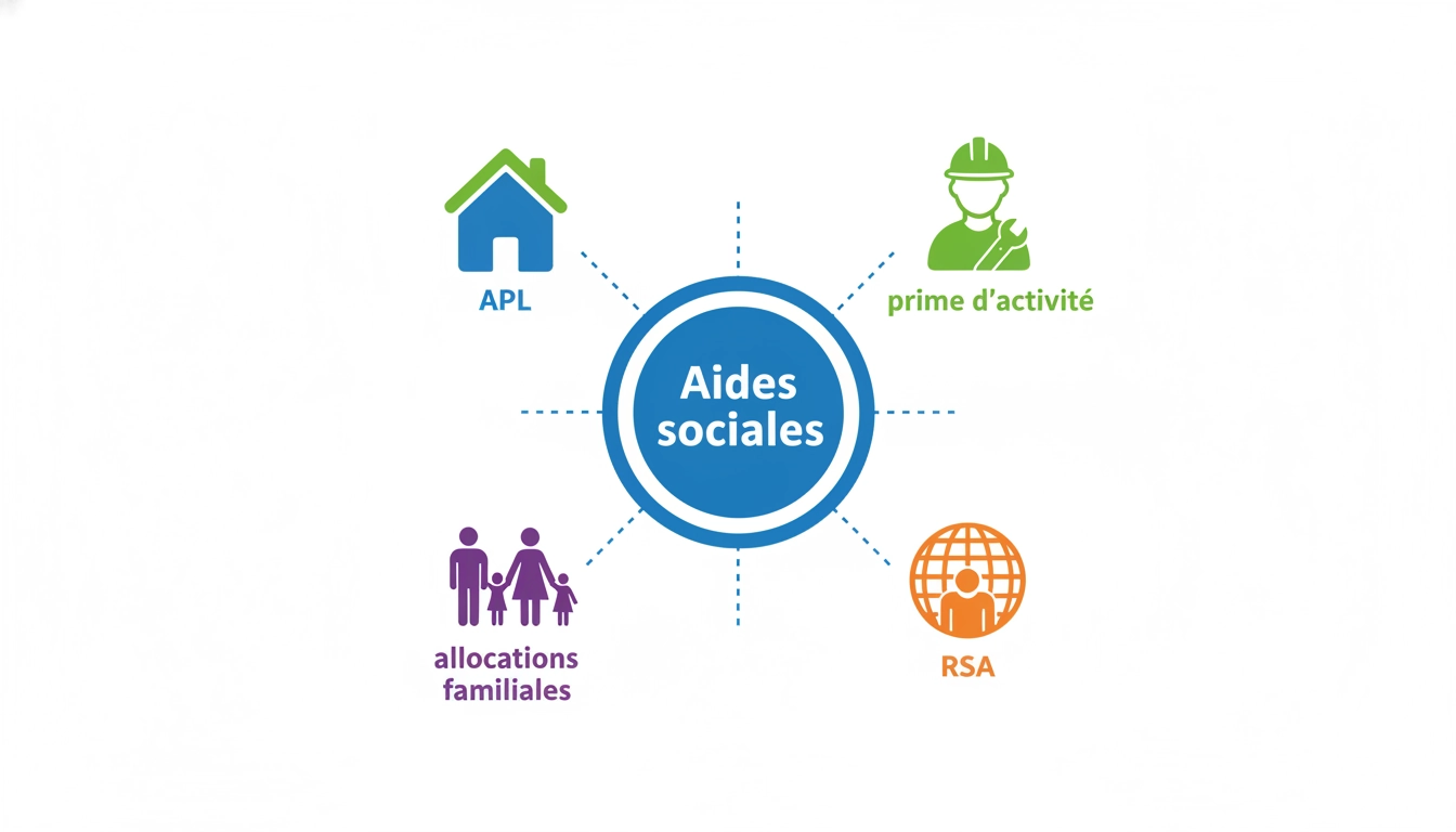 Illustration des principales aides sociales françaises : RSA, prime d'activité, APL et allocations familiales