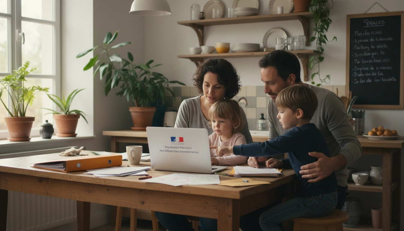 Famille consultant ses droits aux allocations familiales sur le site de la CAF