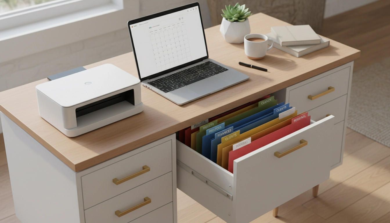 Bureau organisé avec classeurs colorés et scanner pour l'archivage documents à domicile