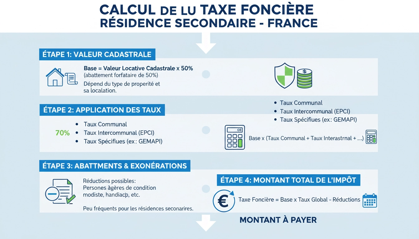 Infographie expliquant comment calculer la taxe foncière résidence secondaire avec formule et exemple chiffré
