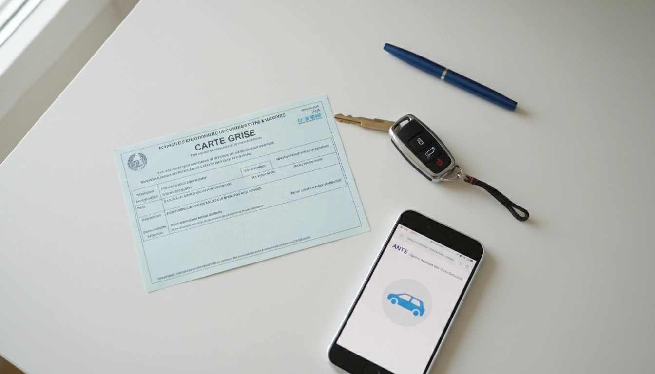 Carte grise française posée sur un bureau avec des clés de voiture et un smartphone