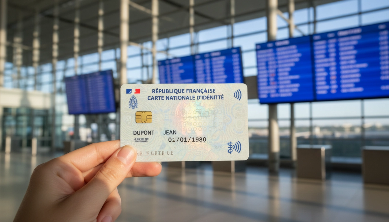 Voyageur utilisant sa carte d'identité française biométrique dans un aéroport international.