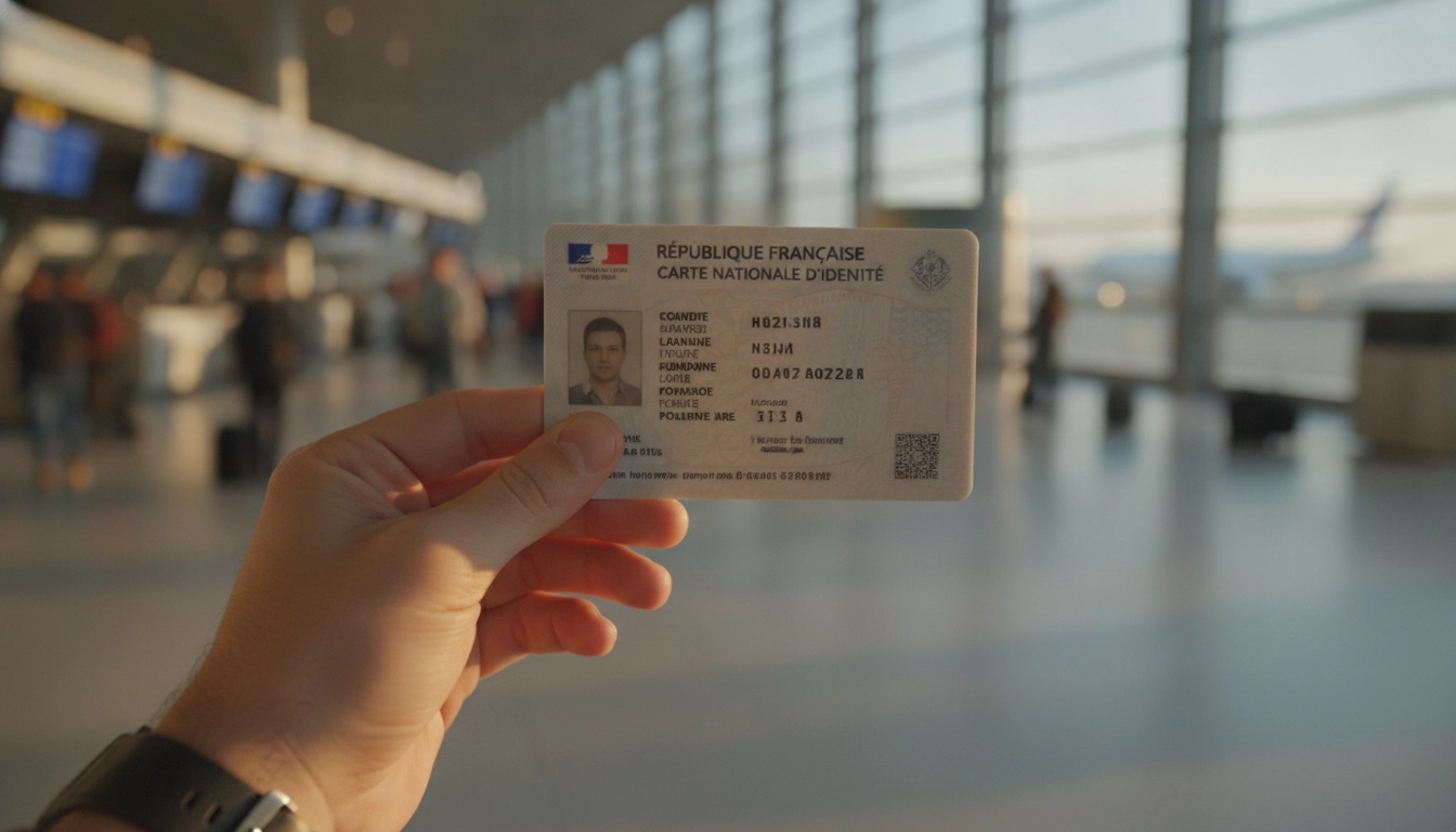 Une carte nationale d'identité valide pour voyager en Europe tenue par un voyageur dans un aéroport