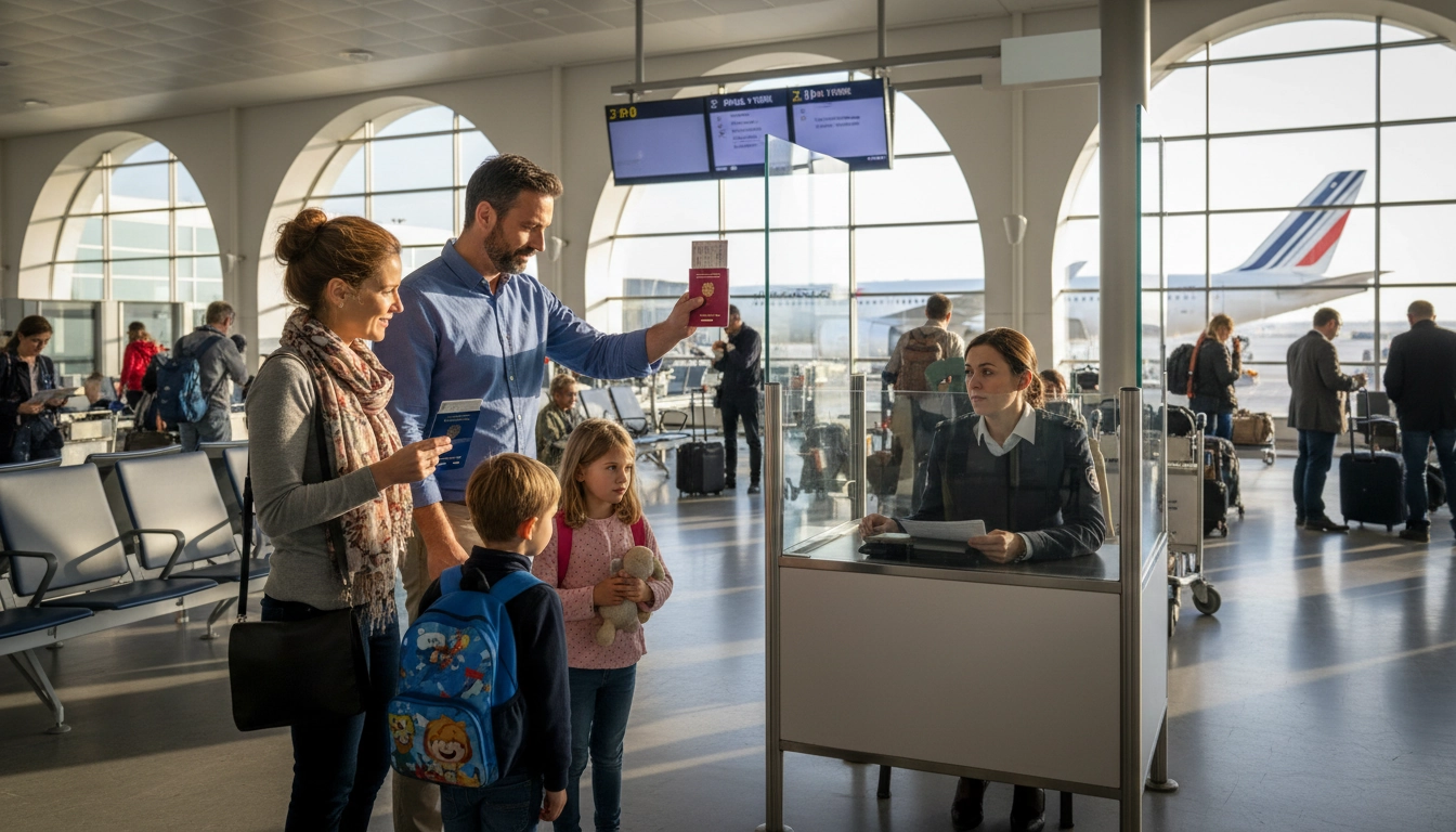 Famille française présentant sa carte nationale d'identité au contrôle aux frontières dans un aéroport européen