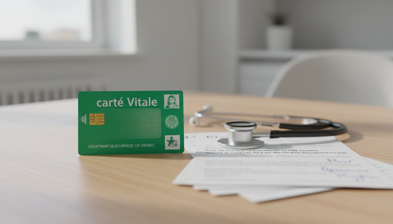 Carte Vitale française posée sur un bureau médical à côté d'un stéthoscope