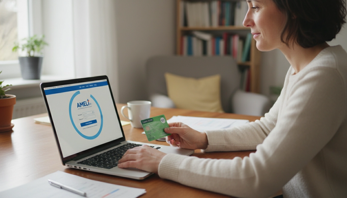 Personne effectuant le renouvellement de sa carte Vitale en ligne sur un ordinateur portable