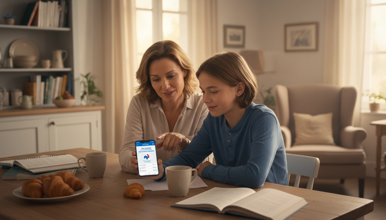 Parent aidant son enfant mineur à faire la demande de carte Vitale sur un smartphone