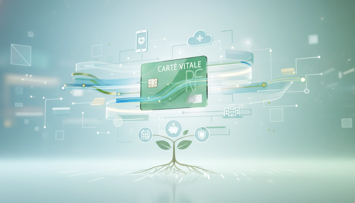 Main illustration showing a green carte Vitale health card on a clean white background with medical elements