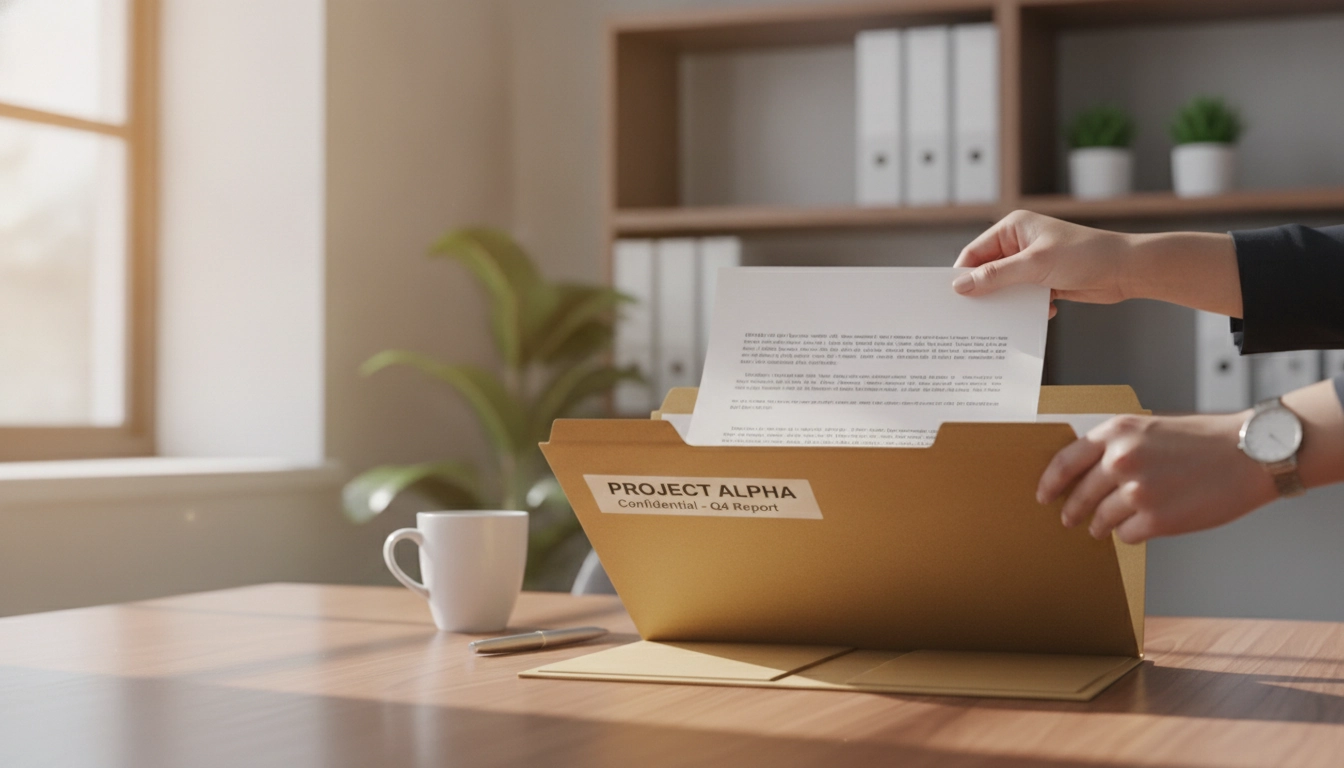 Une main classant un document dans une pochette pour organiser ses papiers.