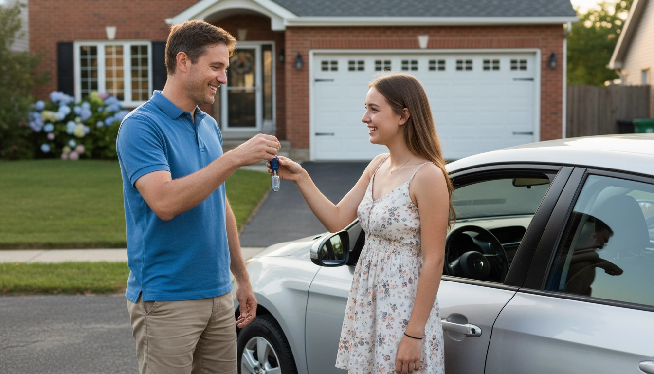 Père donnant les clés de sa voiture à sa fille lors d'une cession de véhicule à un membre de la famille donation.