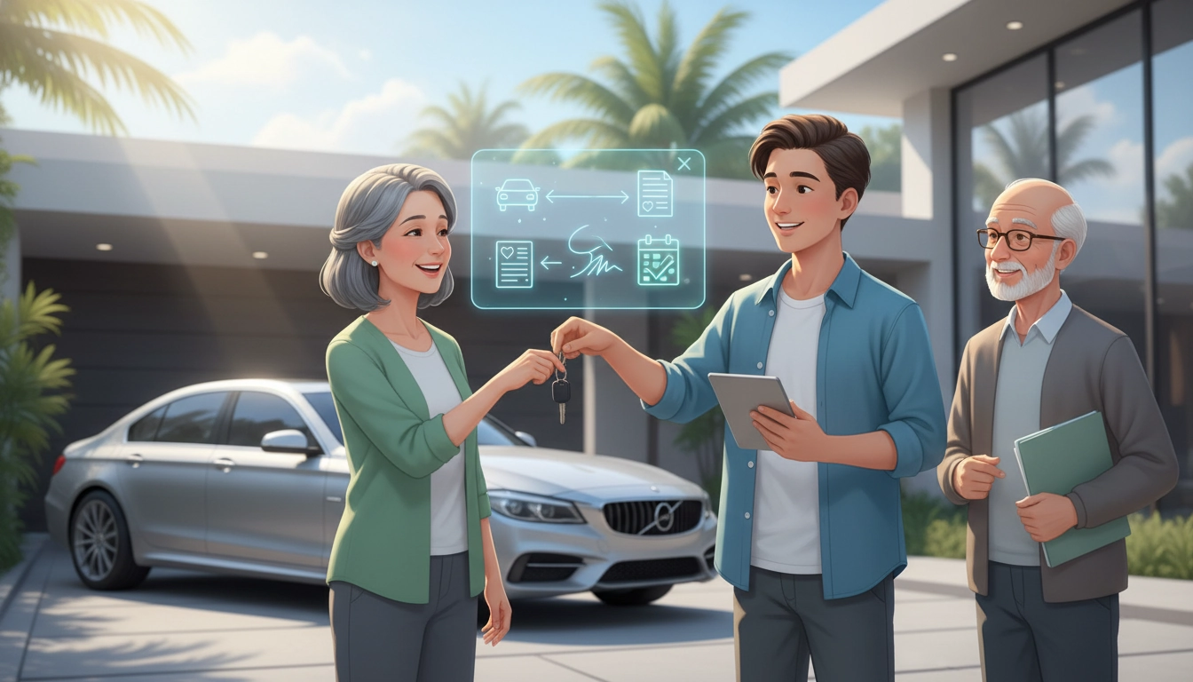 Une famille souriante échangeant les clés d'une voiture pour symboliser la cession de véhicule à un membre de la famille donation.
