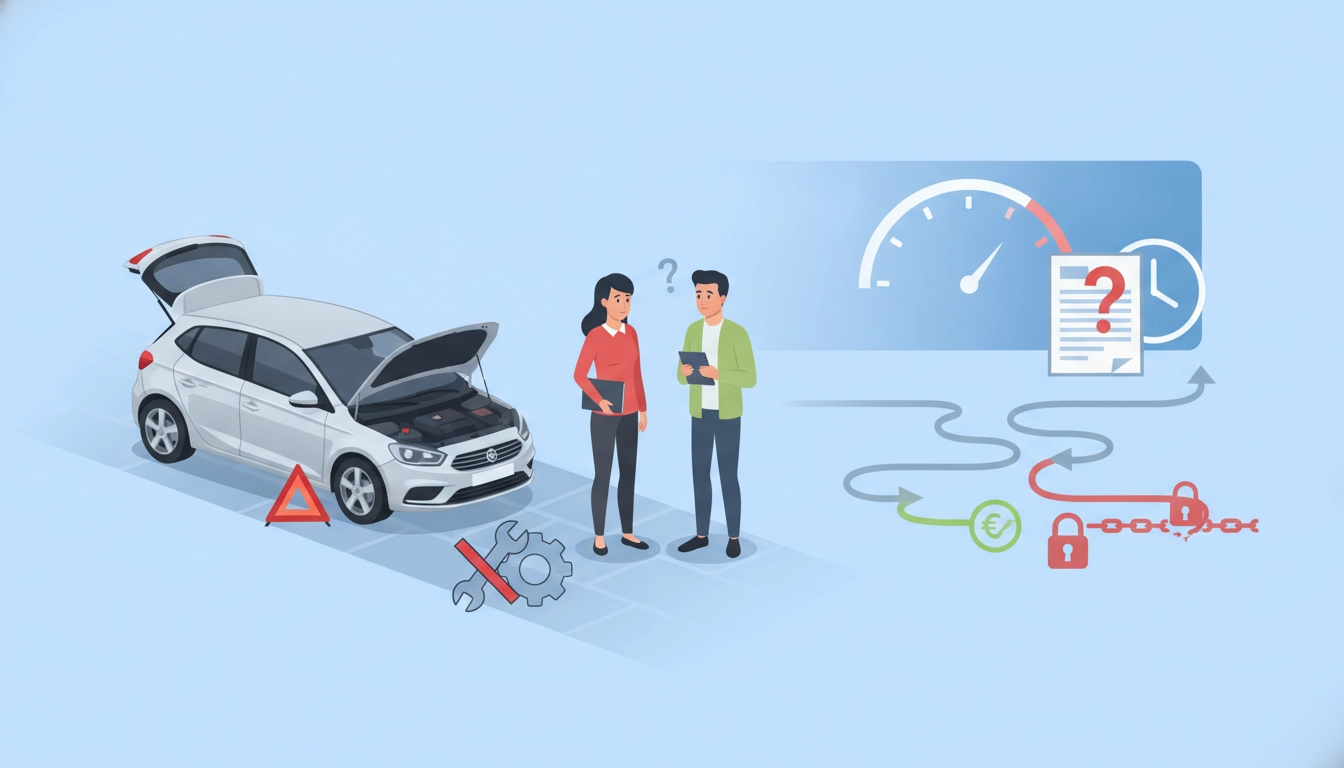 Un homme et une femme signant des documents de cession véhicule entre particuliers sans contrôle technique sur le capot d'une voiture