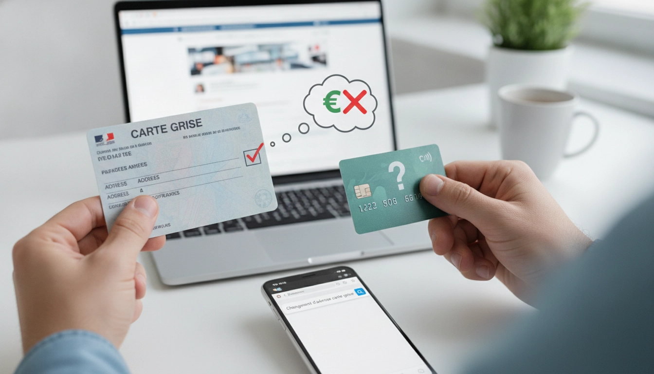 Illustration montrant le processus de changement d'adresse carte grise gratuit ou payant sur un ordinateur.
