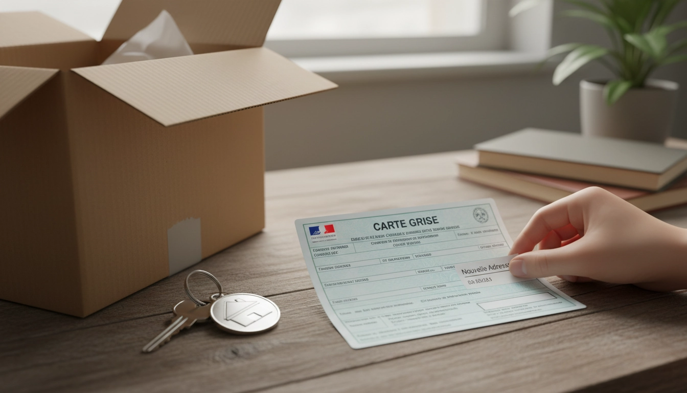 Certificat d'immatriculation avec étiquette de nouvelle adresse après changement d'adresse carte grise