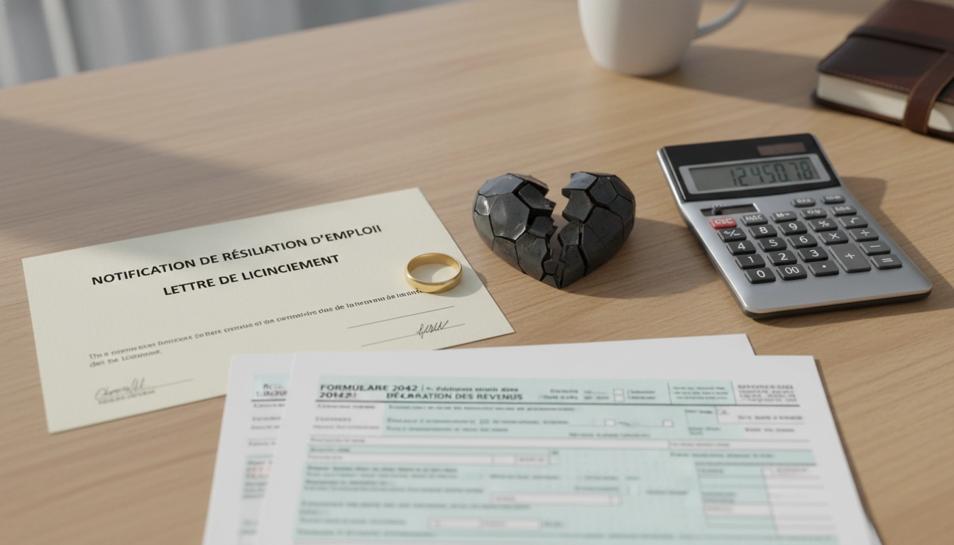 Illustration détaillée du changement de situation personnelle impact prélèvement à la source mariage divorce chômage sur un bureau.