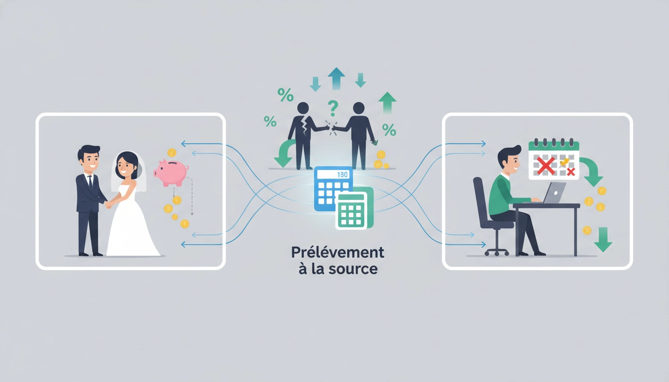 Bureau avec documents fiscaux, alliance, et dossier de chômage illustrant l'impact des changements de vie sur les impôts.
