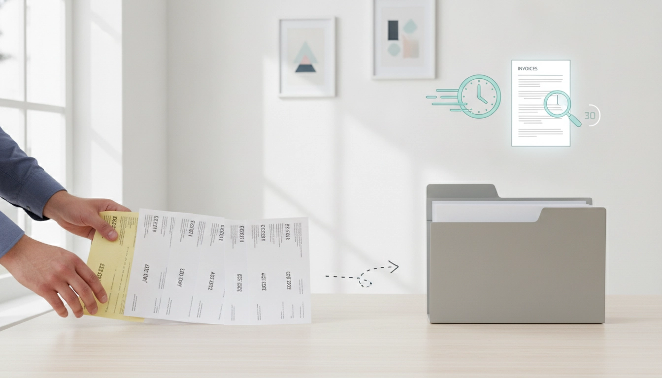 Une personne organisant consciencieusement ses documents administratifs dans un bureau propre et lumineux.