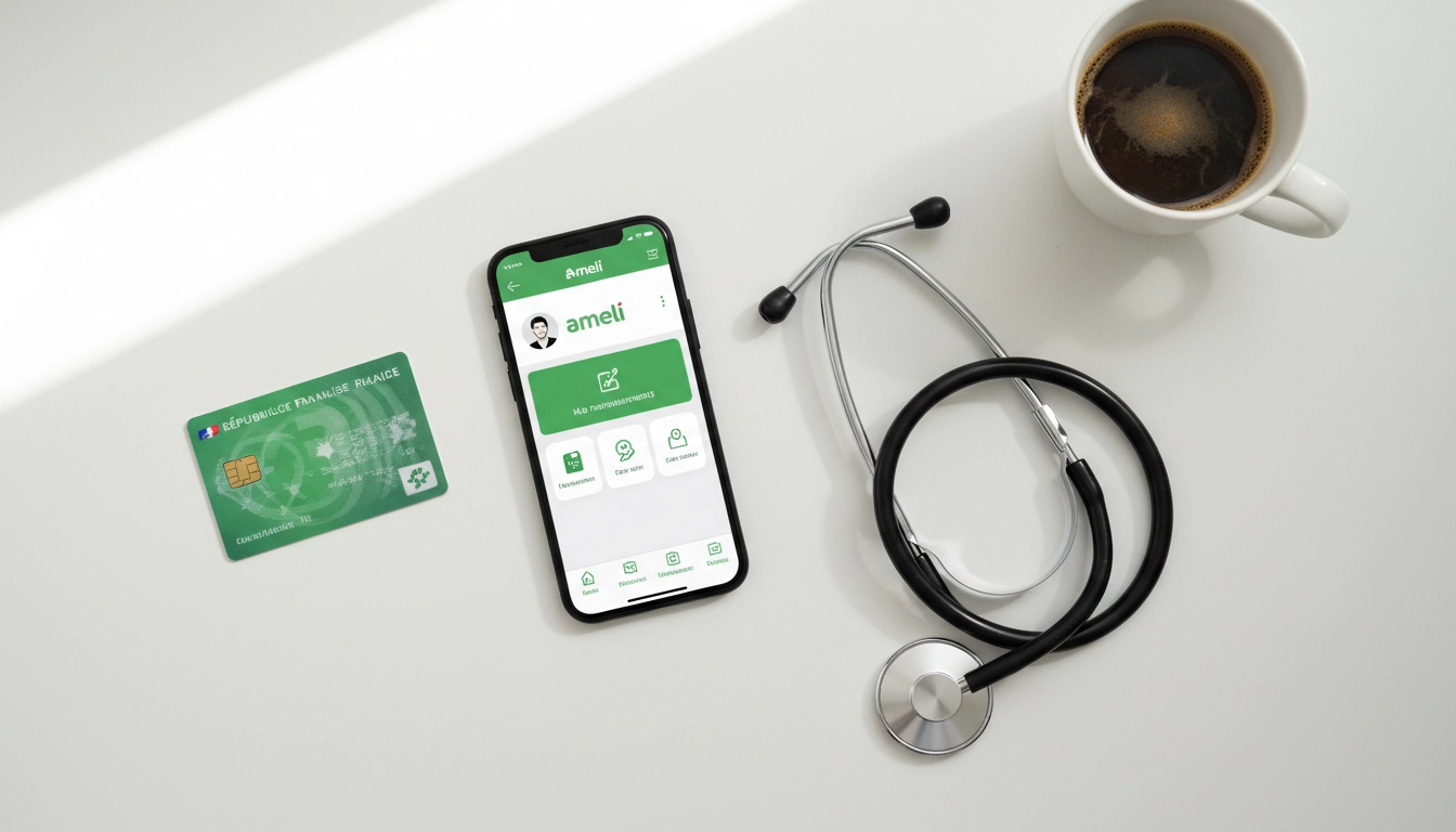 Smartphone affichant l'interface du compte Ameli avec une carte Vitale française posée à côté