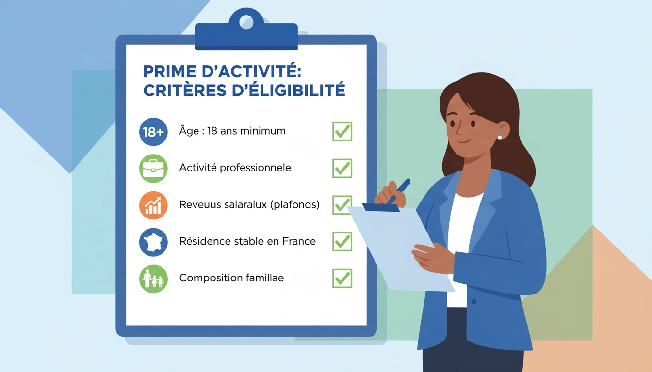 Checklist visuelle des conditions pour bénéficier de la prime d'activité : âge minimum, situation professionnelle, revenus et critères de résidence