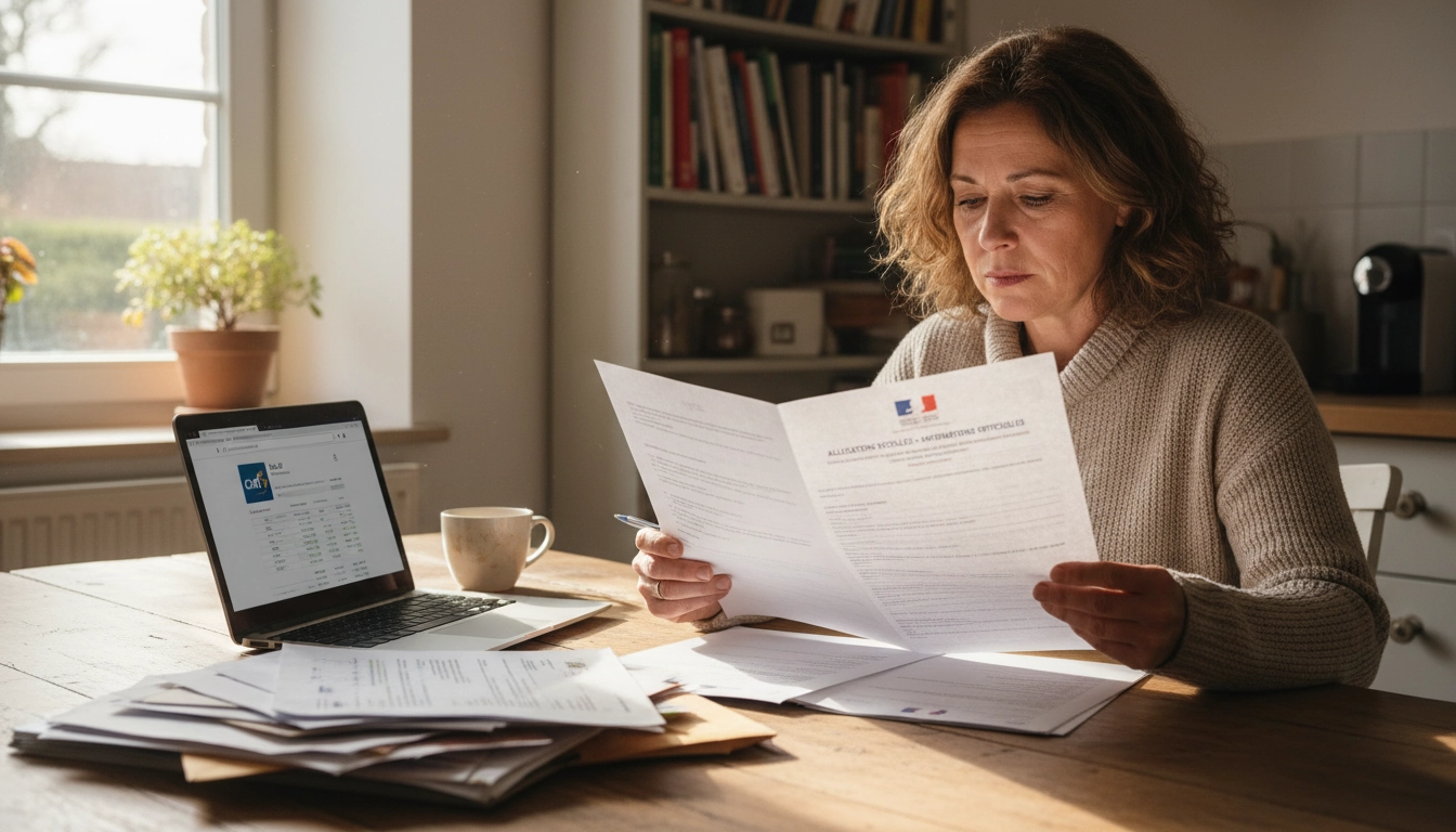 Personne vérifiant les conditions d'éligibilité au RSA sur un document officiel de la CAF
