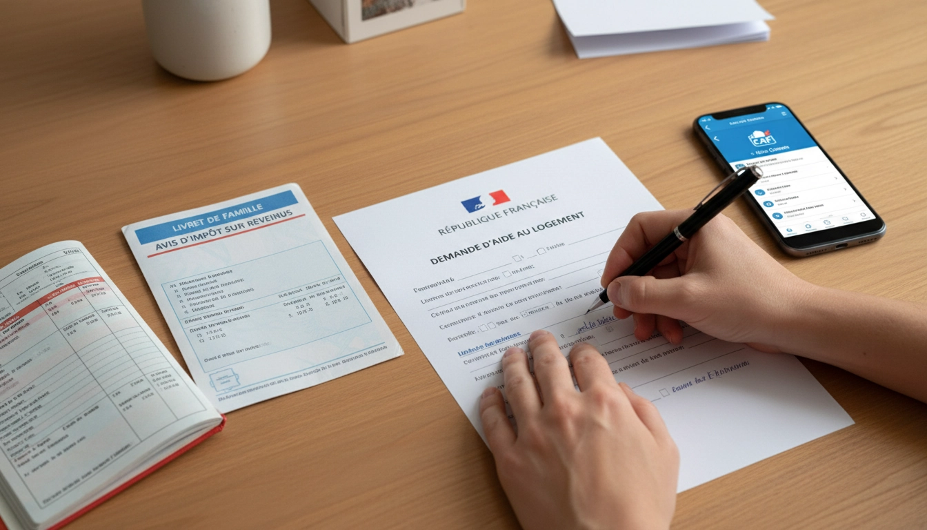 Dossier de demande d'allocations familiales à la CAF avec livret de famille et avis d'imposition