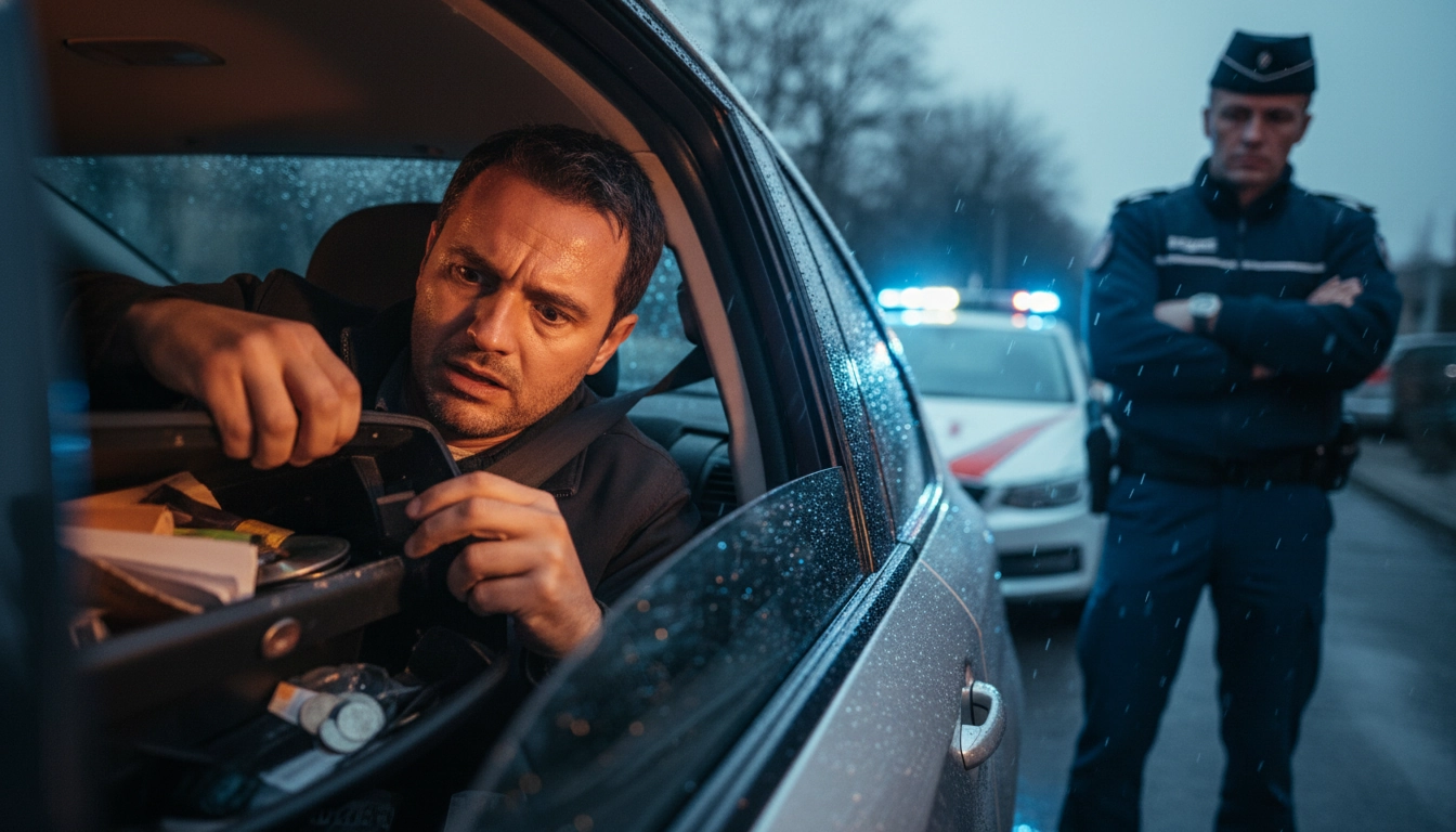 Conducteur stressé cherchant ses documents de voiture lors d'un contrôle de police.