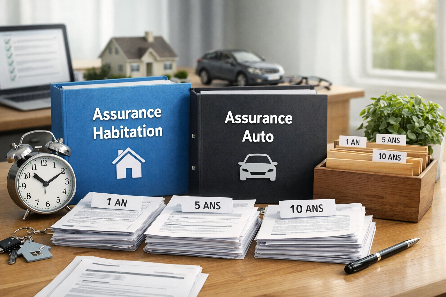 Classeur de documents d'assurance habitation et auto bien organisé avec durée de conservation indiquée