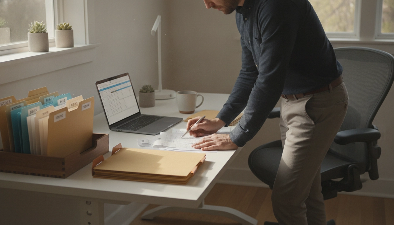Une personne organisant consciencieusement ses factures de travaux maison pour un archivage efficace