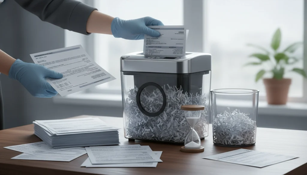 Une personne utilisant une déchiqueteuse pour sécuriser ses documents, illustrant combien de temps conserver ses relevés bancaires avant destruction.