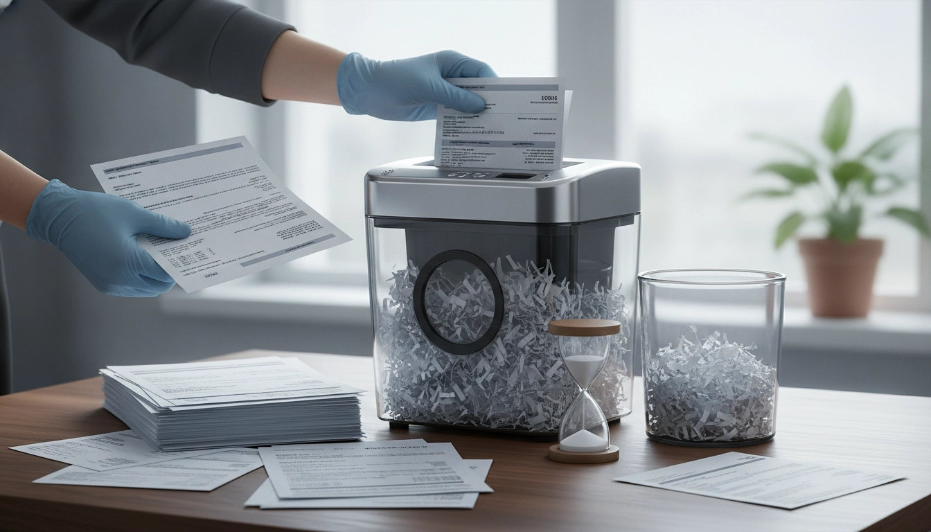 Une personne utilisant une déchiqueteuse pour sécuriser ses documents, illustrant combien de temps conserver ses relevés bancaires avant destruction.
