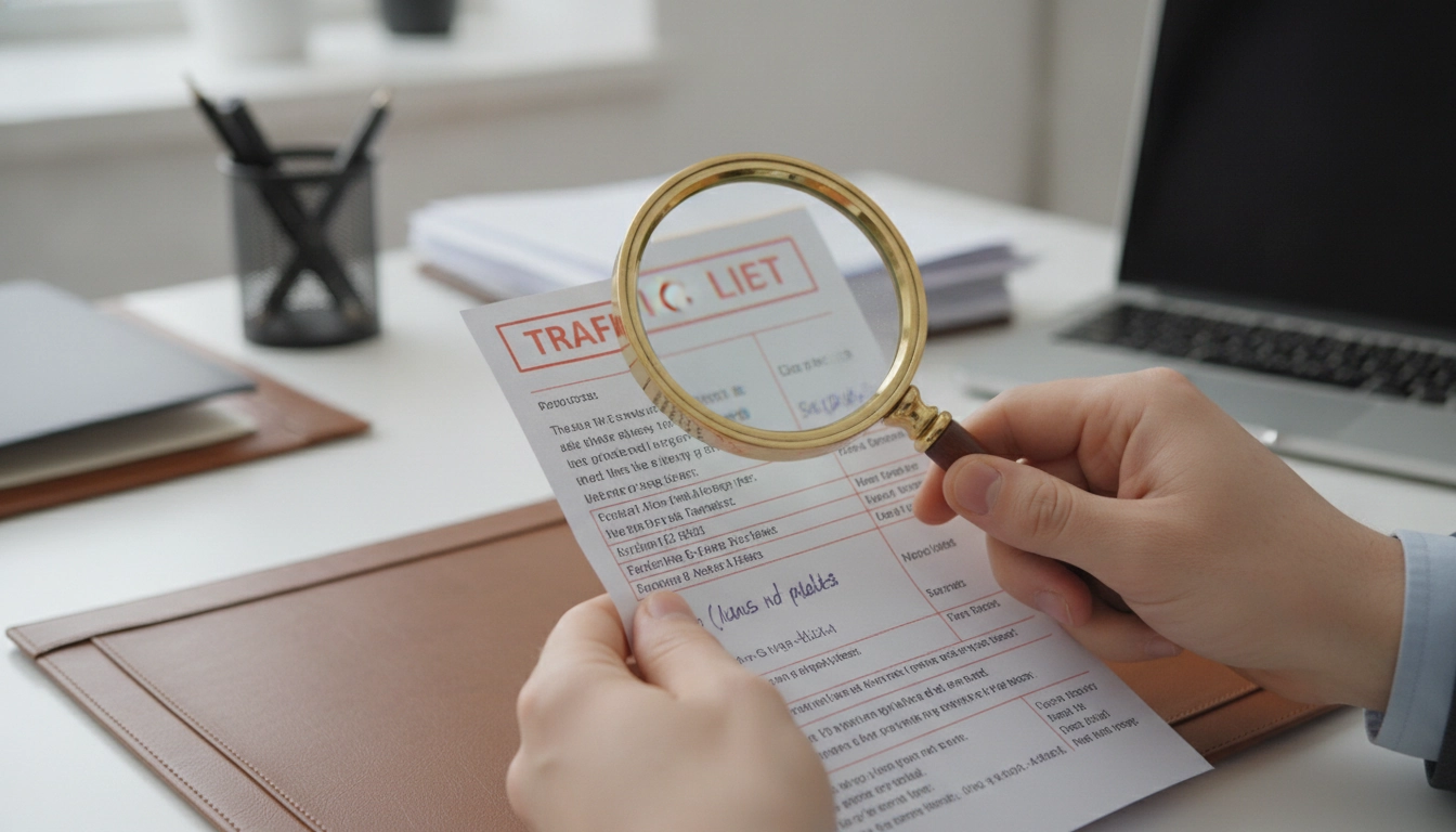 Une personne utilisant une loupe pour examiner un document afin de contester un procès-verbal pour vice de forme.