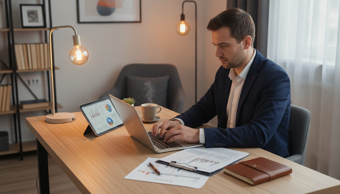 Un entrepreneur gérant ses cotisations sociales micro-entrepreneur activités mixtes vente service depuis son bureau.