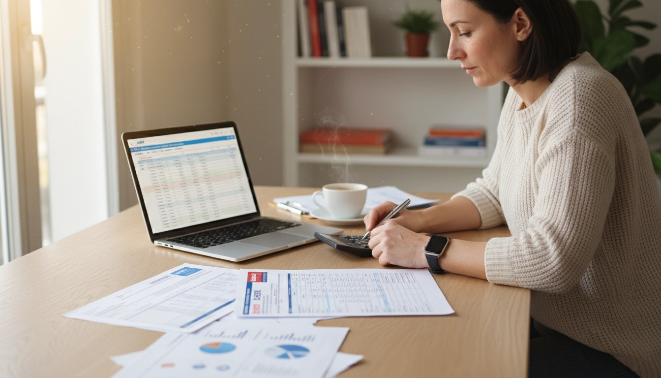 Micro-entrepreneur en train de calculer ses cotisations sociales avec des documents URSSAF sur un bureau