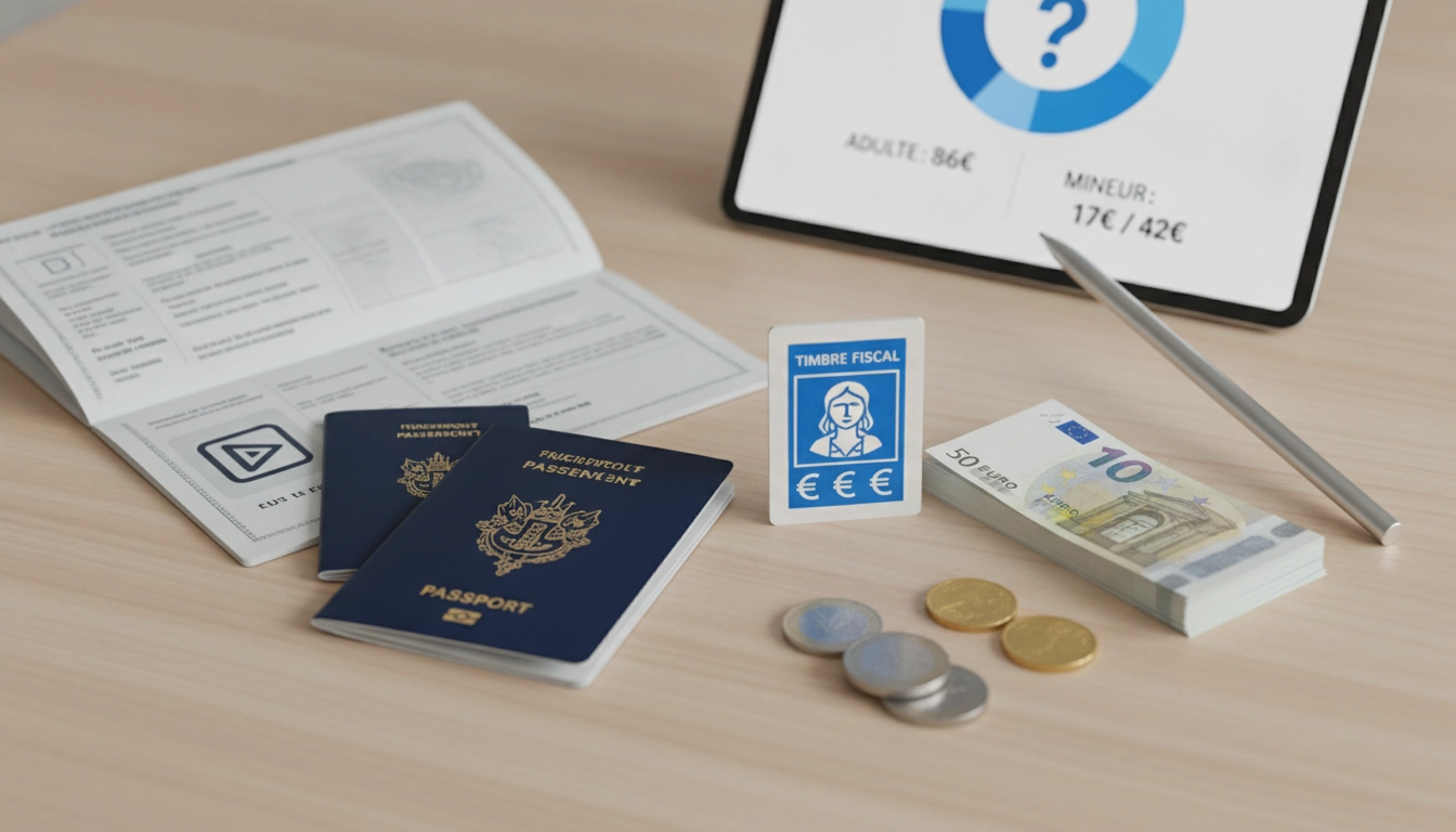 Illustration montrant le paiement du coût timbre fiscal passeport biométrique adulte et mineur sur une interface officielle.