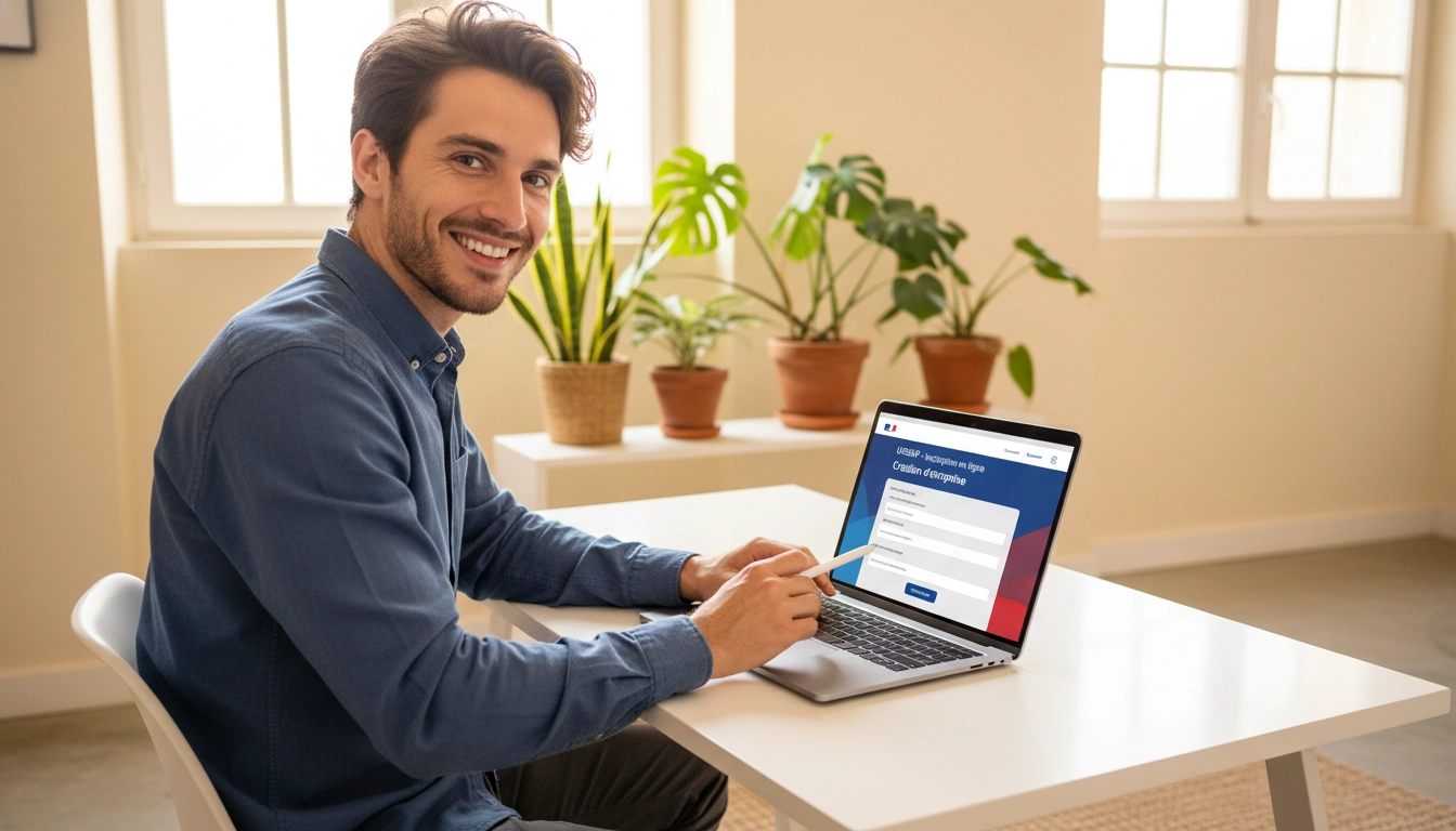 Jeune entrepreneur réalisant sa création micro-entreprise en ligne sur le guichet unique