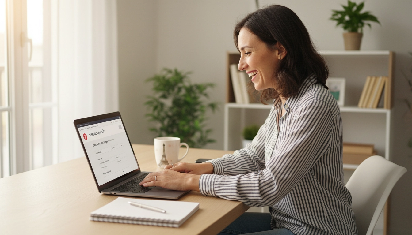 Micro-entrepreneur souriant réalisant sa déclaration chiffre d'affaires en ligne depuis son bureau à domicile