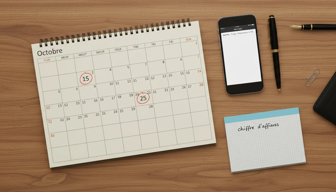 Calendrier avec dates limites de déclaration de chiffre d'affaires URSSAF cerclées en rouge sur un bureau
