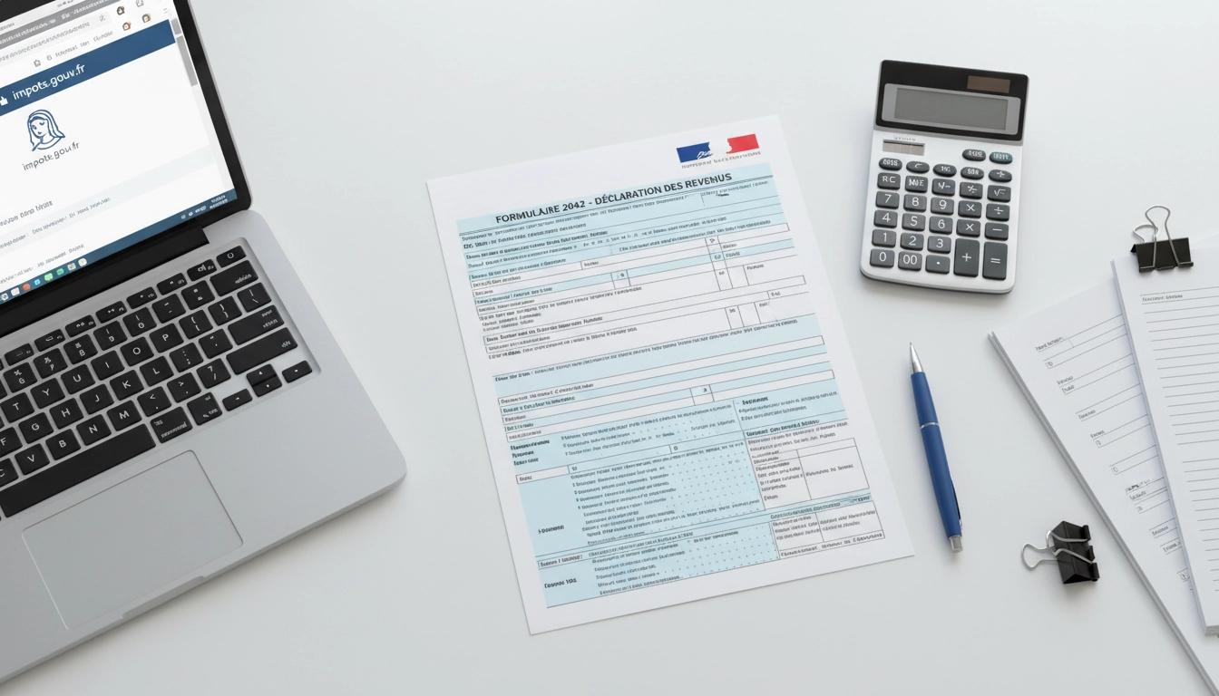 Formulaire de déclaration de revenus posé sur un bureau avec stylo, calculatrice et documents fiscaux