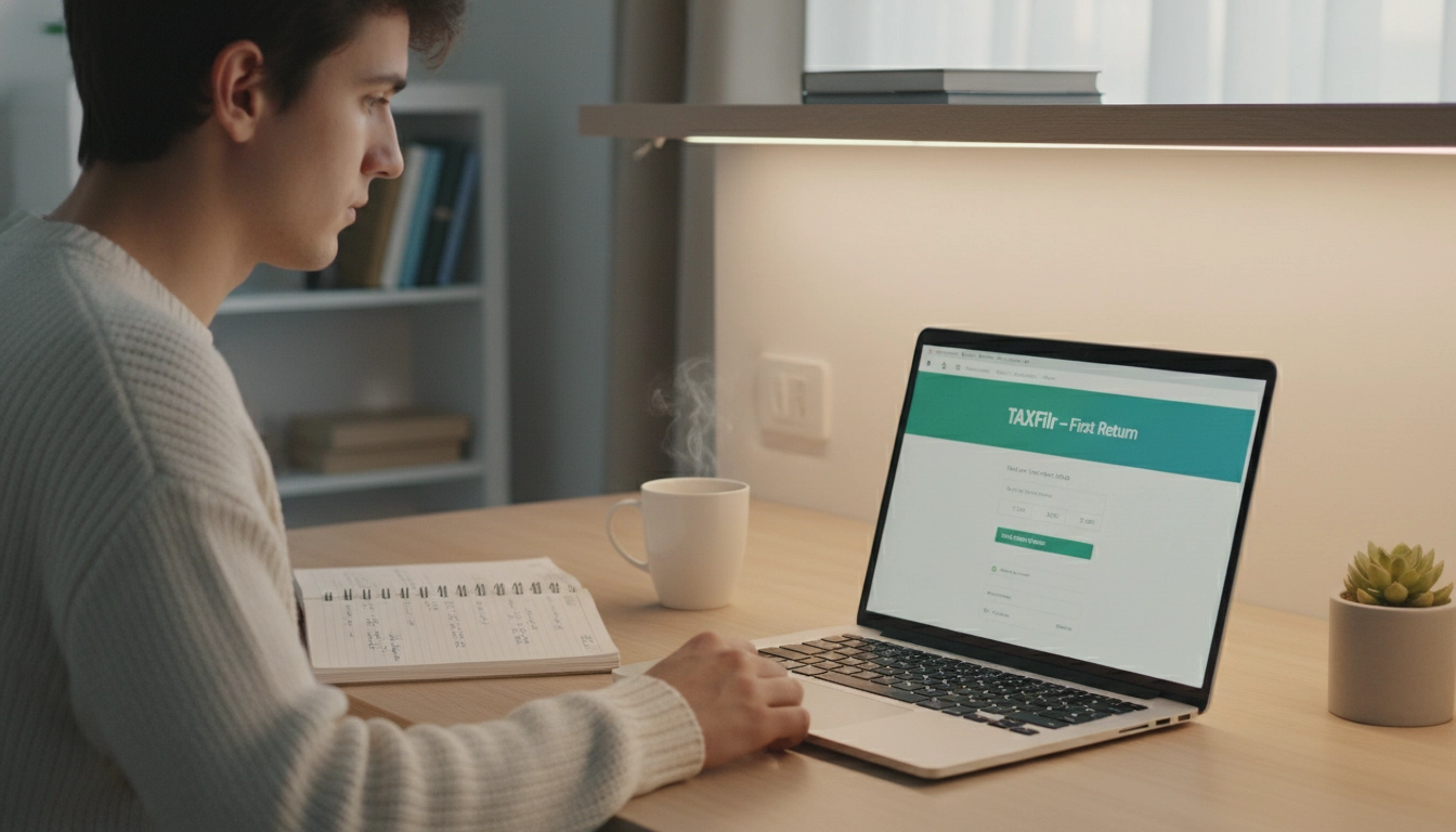Jeune adulte remplissant sa première déclaration de revenus en ligne sur un ordinateur portable