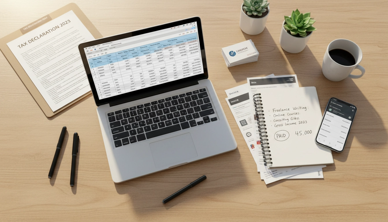 Espace de travail d'un auto-entrepreneur avec factures et revenus à déclarer pour la déclaration de revenus