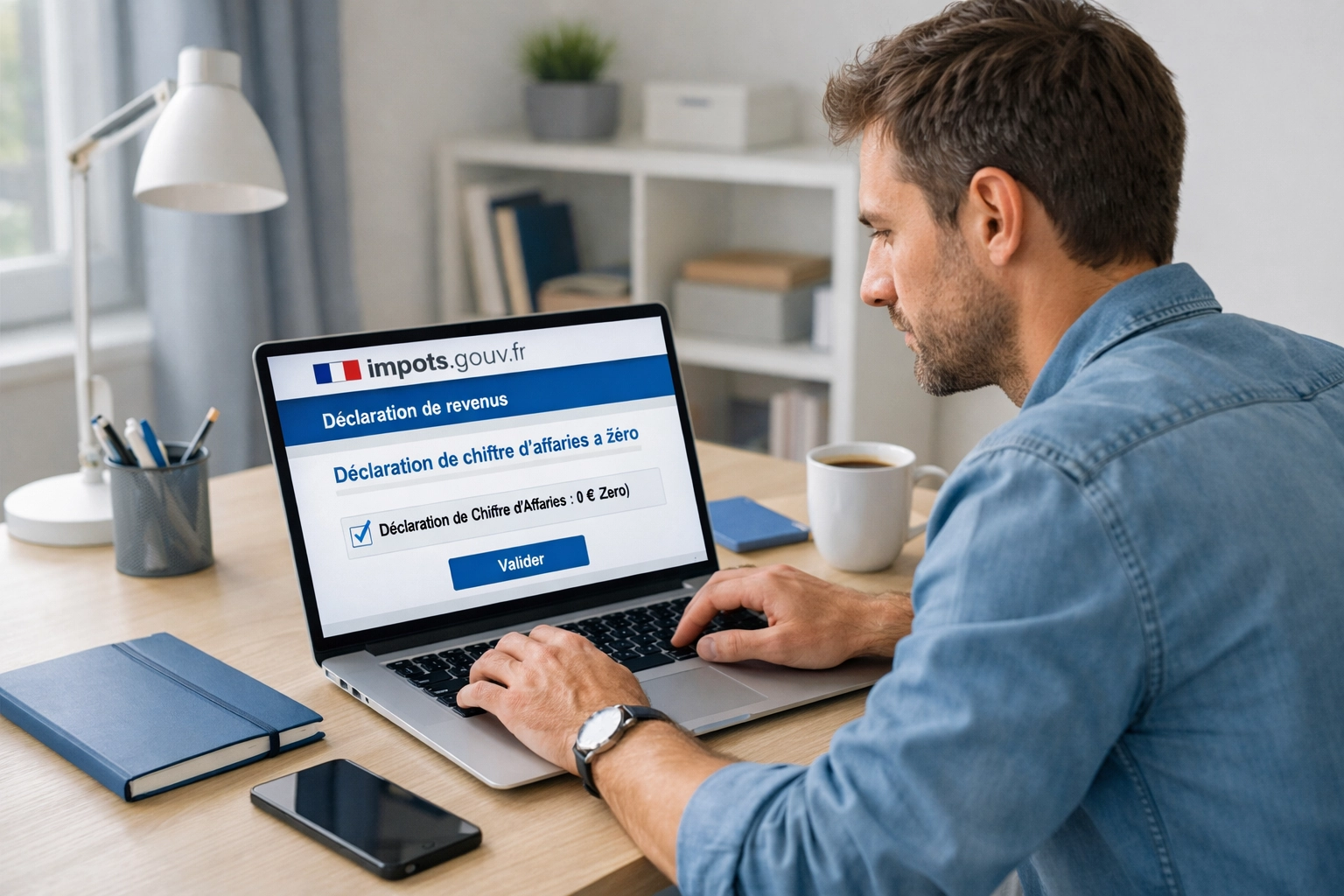 Auto-entrepreneur concentré en train de déclarer chiffre d'affaires nul à zéro URSSAF auto-entrepreneur sur son ordinateur portable