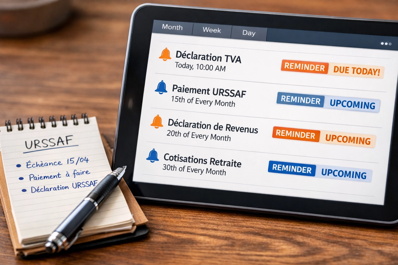 Calendrier numérique avec rappels pour les échéances de déclaration URSSAF de l'auto-entrepreneur