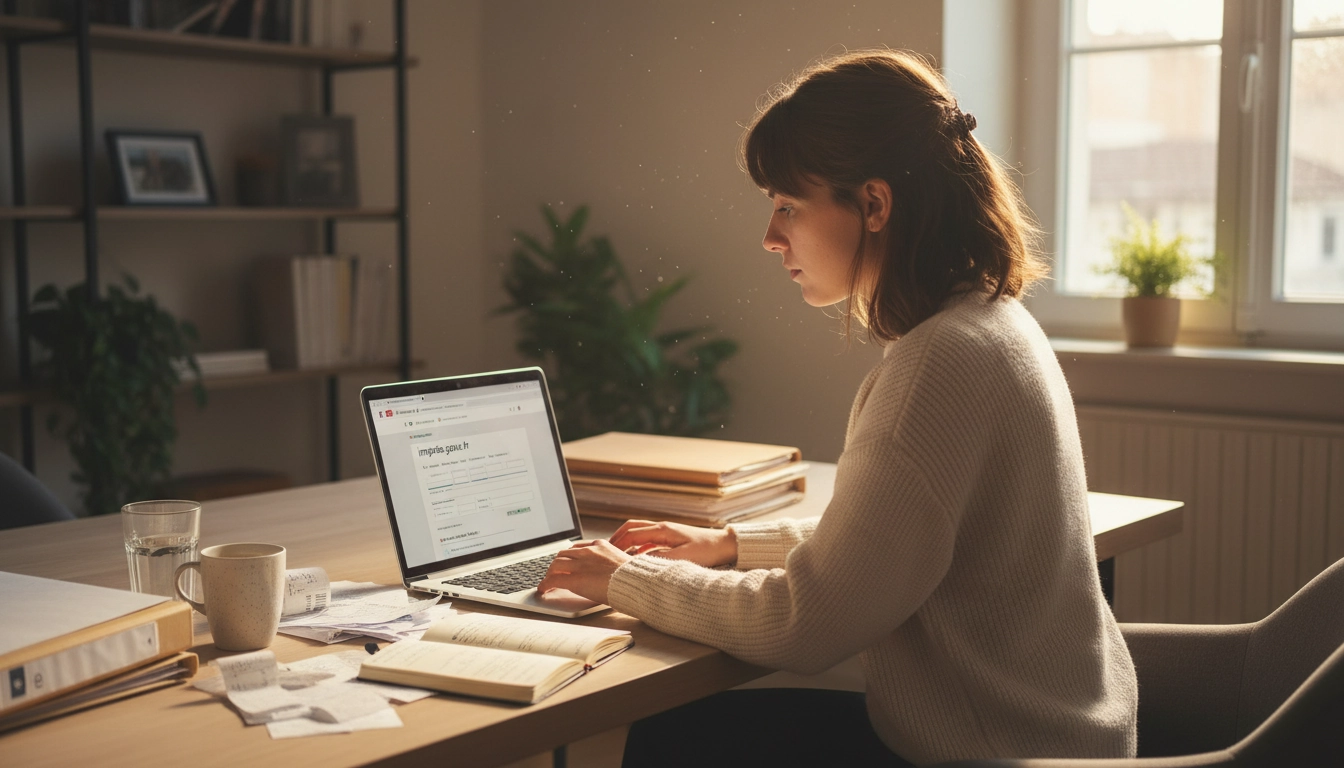 Femme à son bureau apprenant comment déclarer les revenus d'une activité secondaire sur le site des impôts