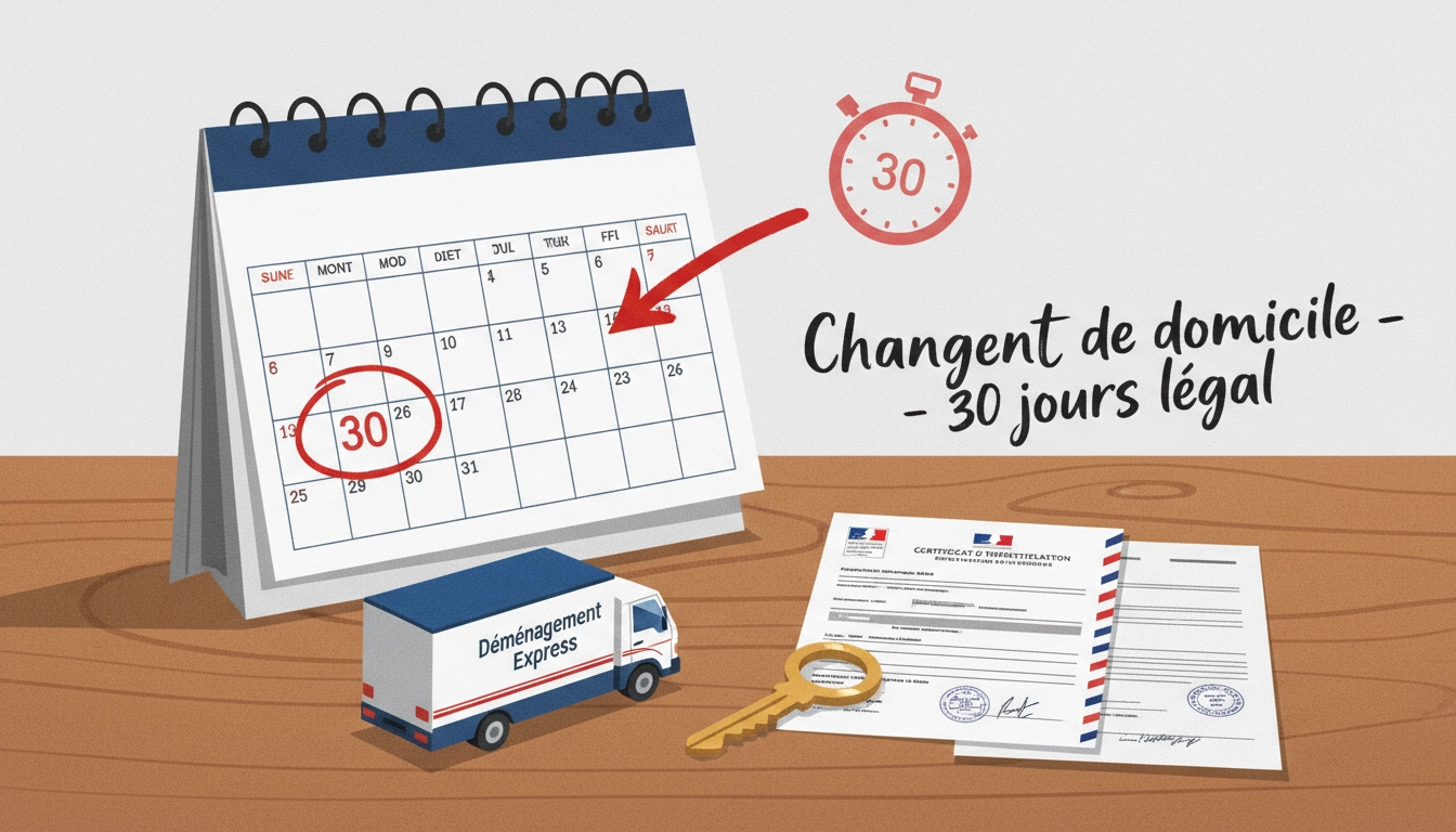 Représentation visuelle du délai légal changement d'adresse carte grise après déménagement avec calendrier indiquant le jour 30