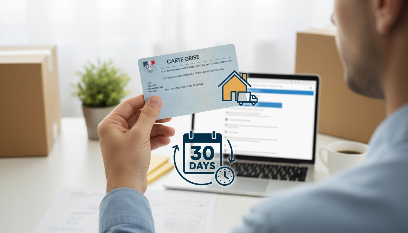 Illustration du délai légal changement d'adresse carte grise après déménagement avec calendrier et documents administratifs