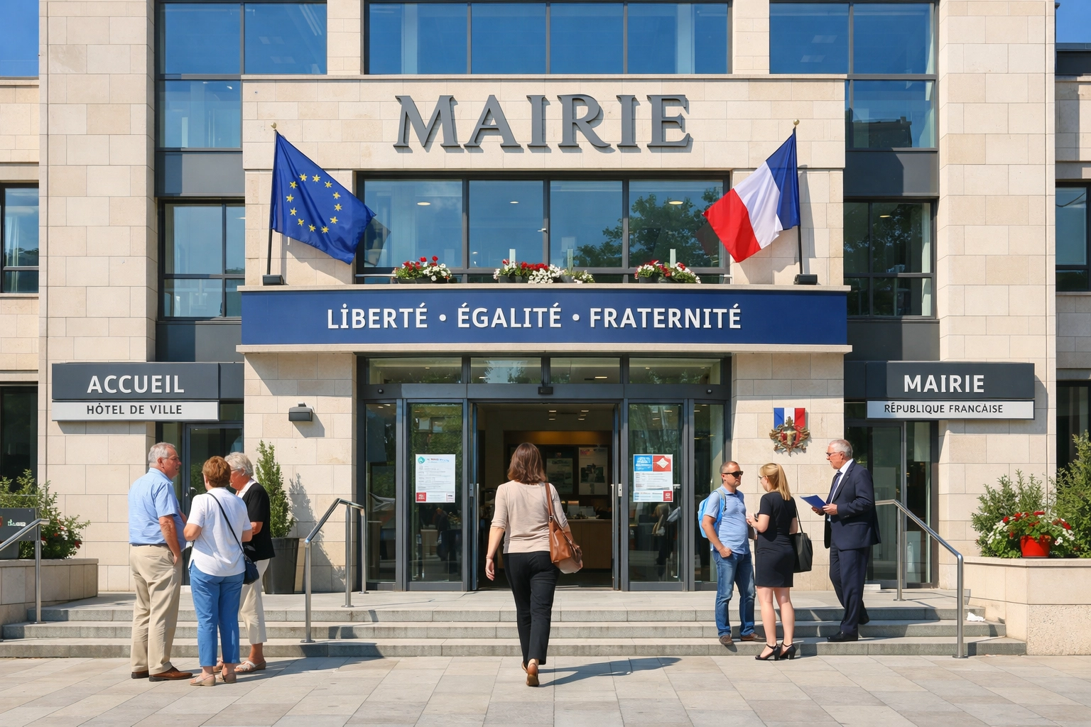 Façade d'une mairie française montrant le délai obtention carte nationale d'identité en mairie avec des citoyens en attente