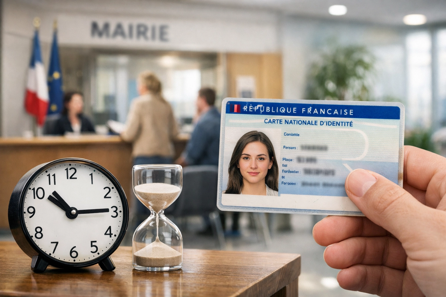 Vue d'une mairie avec panneau d'information illustrant le processus de délai obtention carte nationale d'identité en mairie