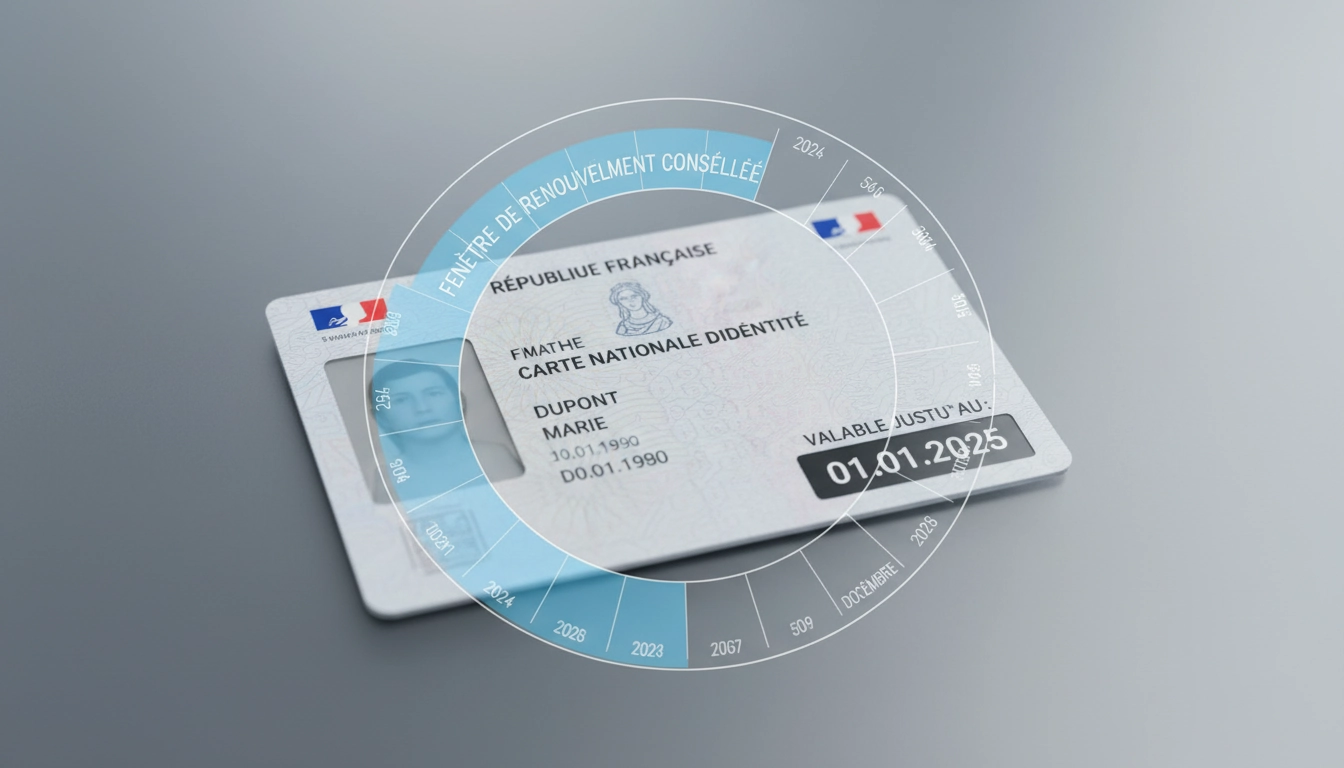 Gros plan sur une carte d'identité française avec la date d'expiration visible, entouré d'un calendrier montrant le délai renouvellement carte d'identité avant expiration de 6 à 12 mois